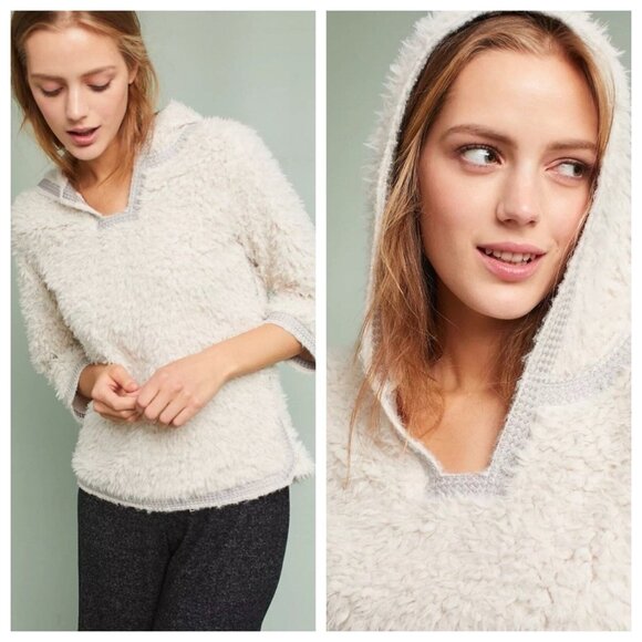 Anthropologie Akemi + Kin Teddy Sherpa Pullover L Cozy Winter Cabincore Hooded - Picture 1 of 14